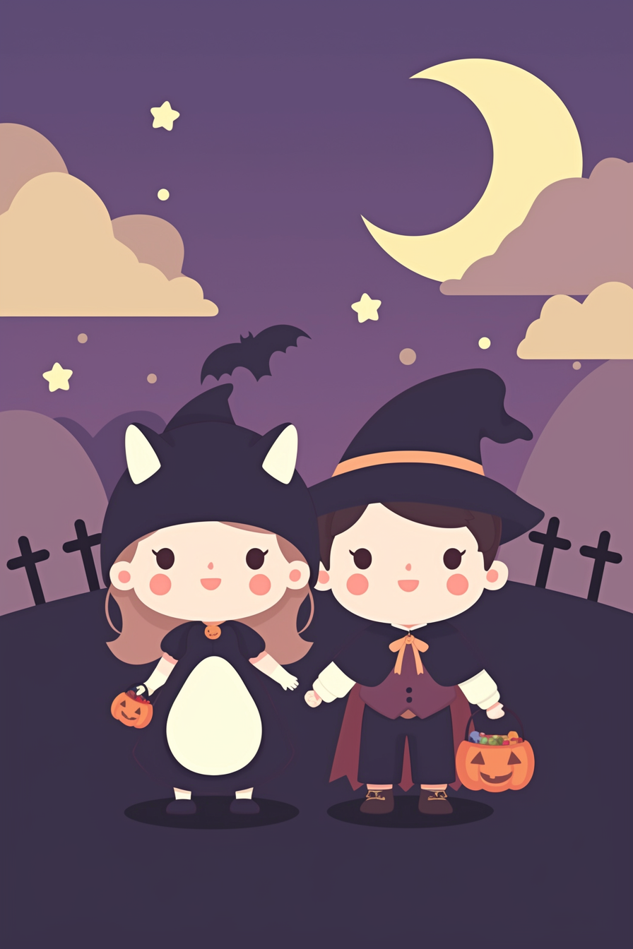cute halloween drawings for kids, showing two adorable children dressed up in cat and vampire costumes for a fun Halloween night out, standing under a crescent moon with bats flying around.